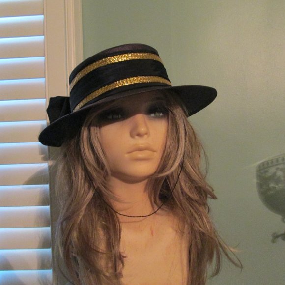 Eric Javits Black Straw Hat Gold Trim Bow Back main image 6